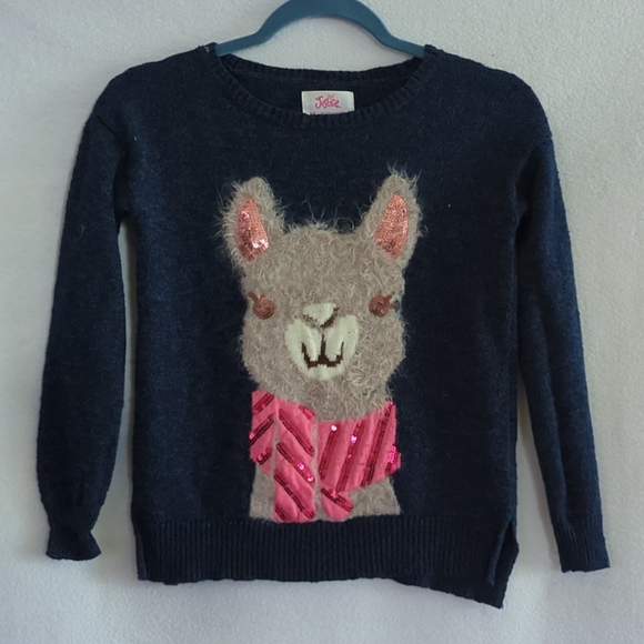 JUSTICE Navy Pullover Sweater w Fuzzy Sequined Llama Size 12 - Picture 1 of 8
